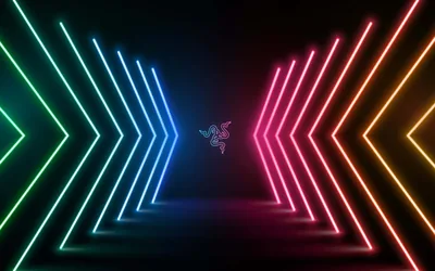 Rows of angled light bars run from green through blue to orange down both walls, meeting at the small green Razer logo at the vanishing point.
