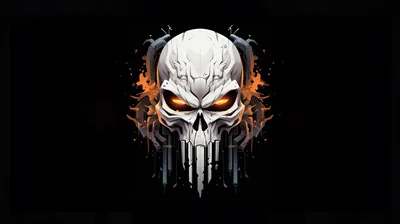 Orange embers burn in the eye sockets of a pale skull while sparks scatter out to both sides and long teeth drip down toward the bottom edge.