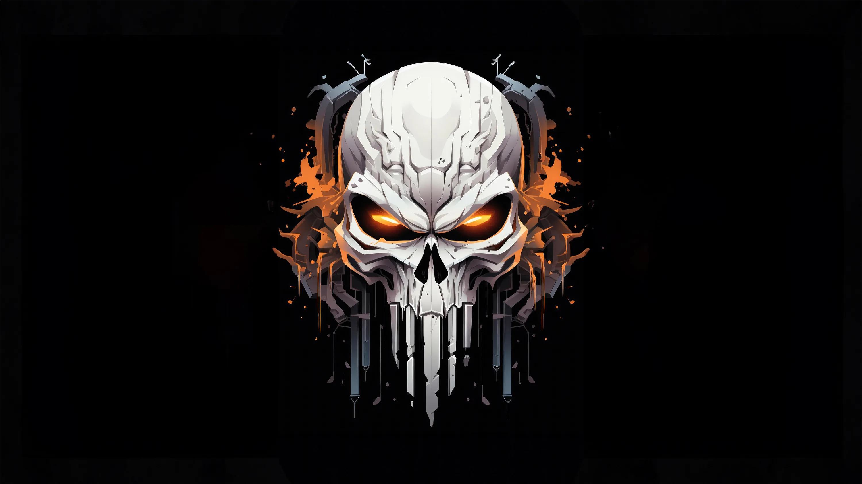 Orange embers burn in the eye sockets of a pale skull while sparks scatter out to both sides and long teeth drip down toward the bottom edge.