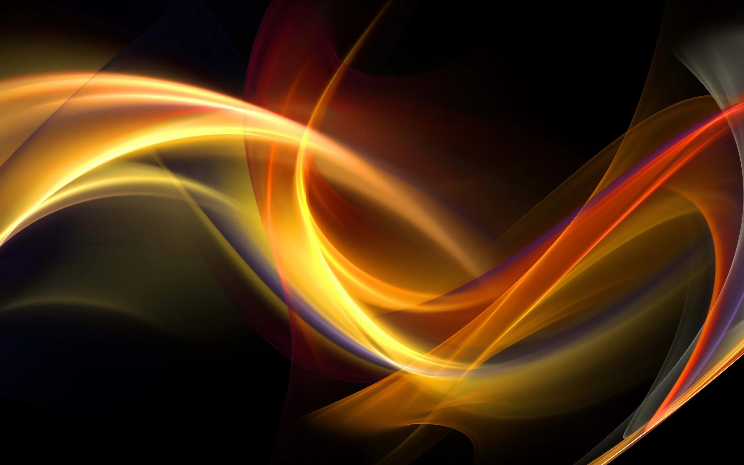 Amber and orange curves loop across a black field like smoke caught in a beam, fading to a soft red glow along the right side.