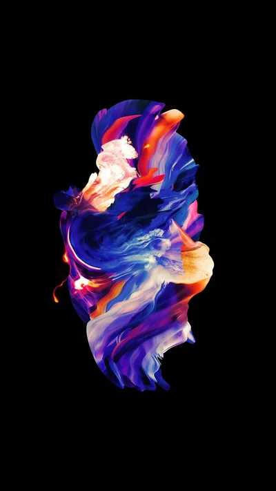 Blue, violet and orange paint folds through itself in a single vertical plume, floating with black on every side.