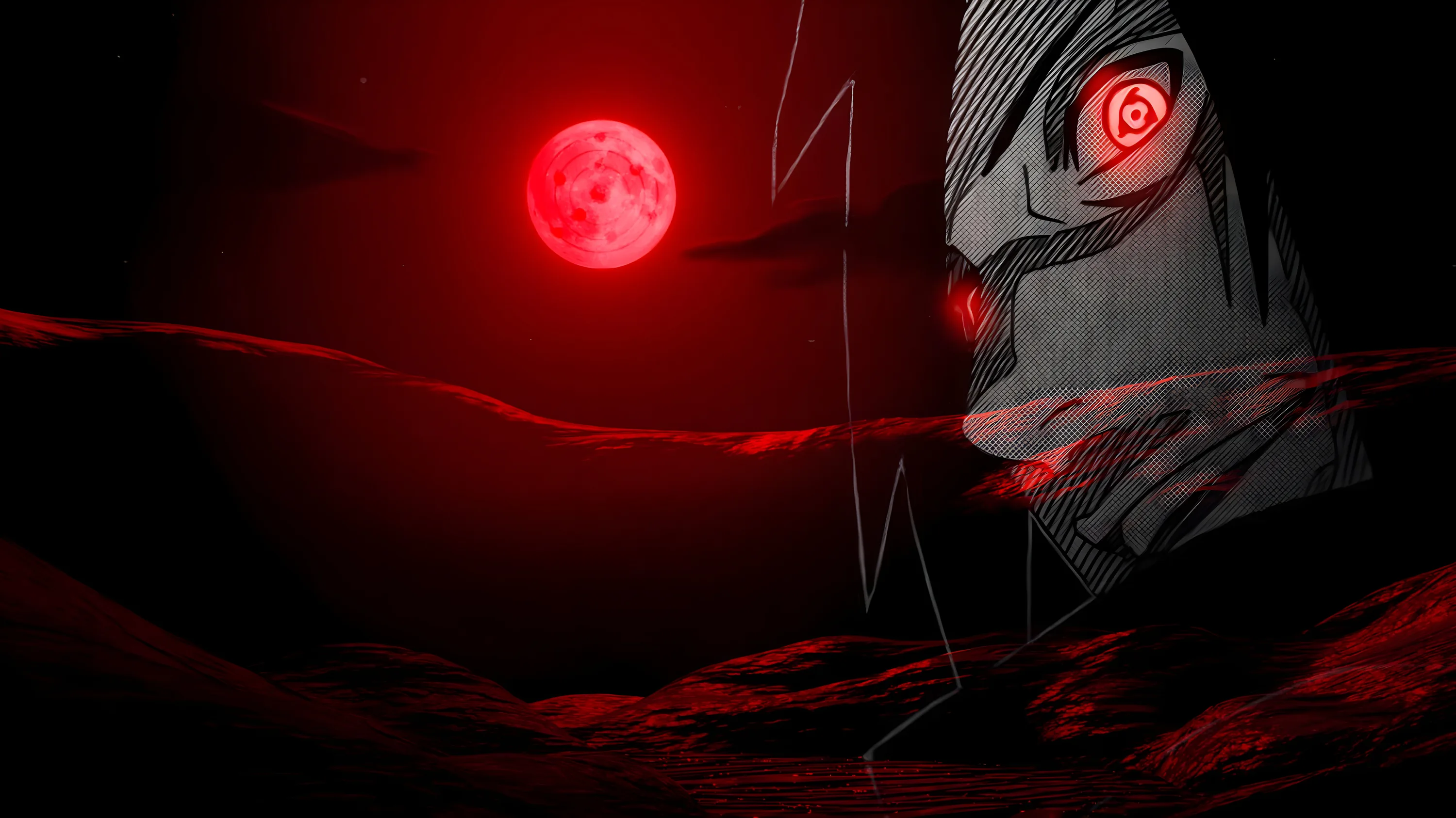 A cracked orange mask with one red Sharingan eye fills the right side while a blood-red moon hangs over dark hills, the whole frame washed in crimson and black.