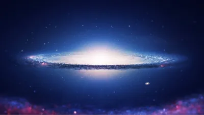 CGI view of a galaxy seen edge-on, its white core flaring above a soft-focus pink nebula in the foreground; light pools dead centre, leaving both sides dimmer.