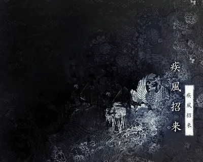 A column of white kanji stands right of centre on near-black silk, faint crane and flower brocade surfacing only in the lower left corner.
