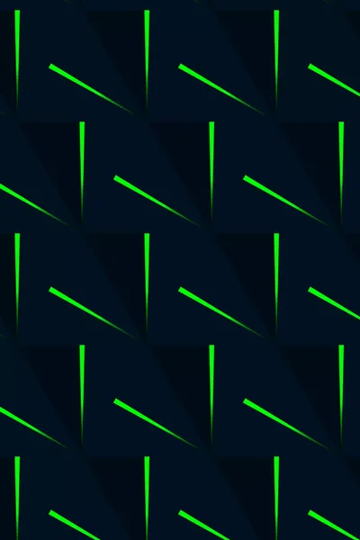 Bright green strokes cut across a grid of dark navy panels, each slash throwing a small pool of green onto the tile behind it.