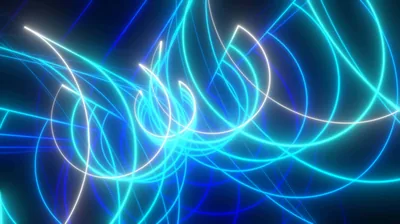Long-exposure curls of cyan, blue and white cross the whole frame like ribbon script, dense enough that widgets need a solid backing to stay legible.