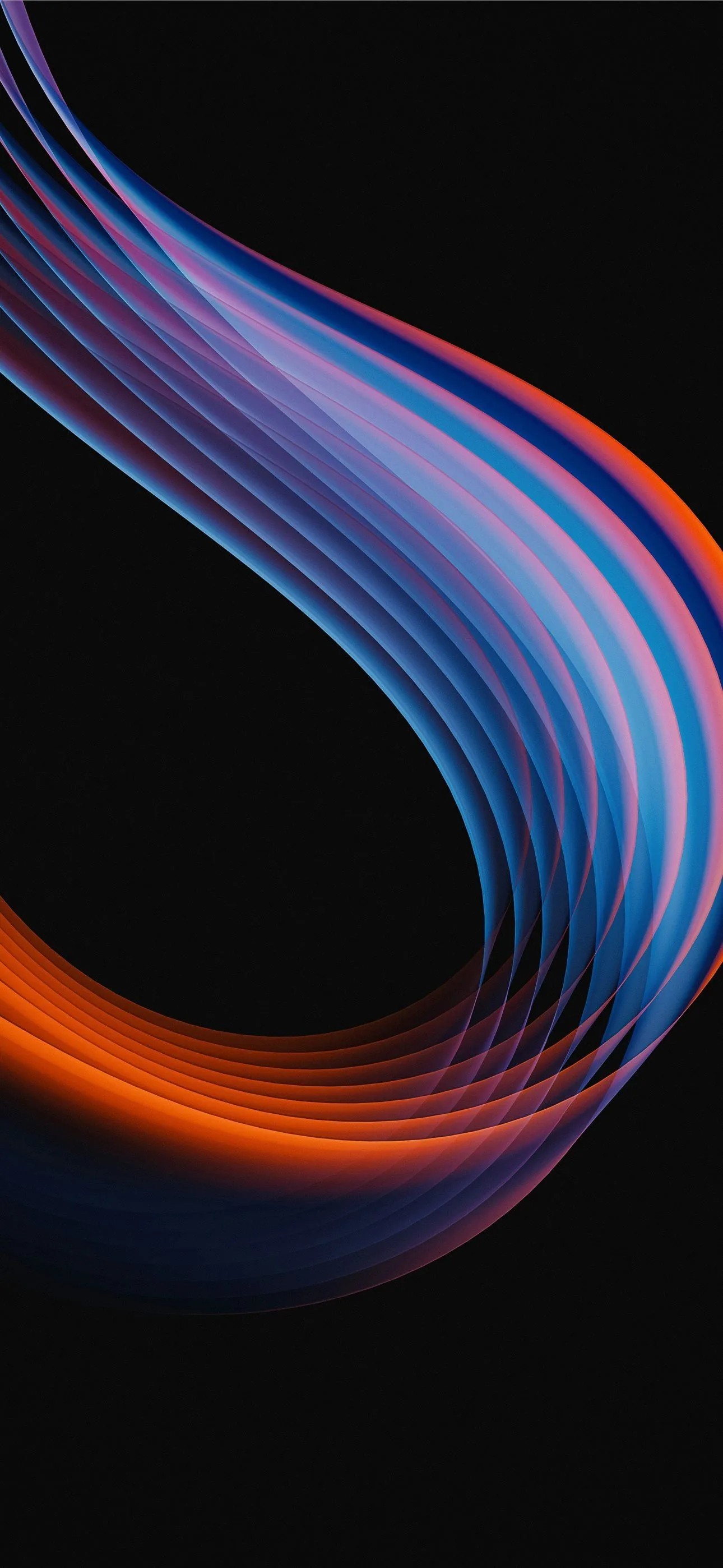 A wide band of fine parallel lines curls through the lower half, shifting from pale blue at one end to burnt orange at the other.