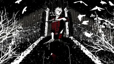 Ink-style artwork of a figure in a red coat sitting on wide stone steps, bare white branches and crows filling the black frame.