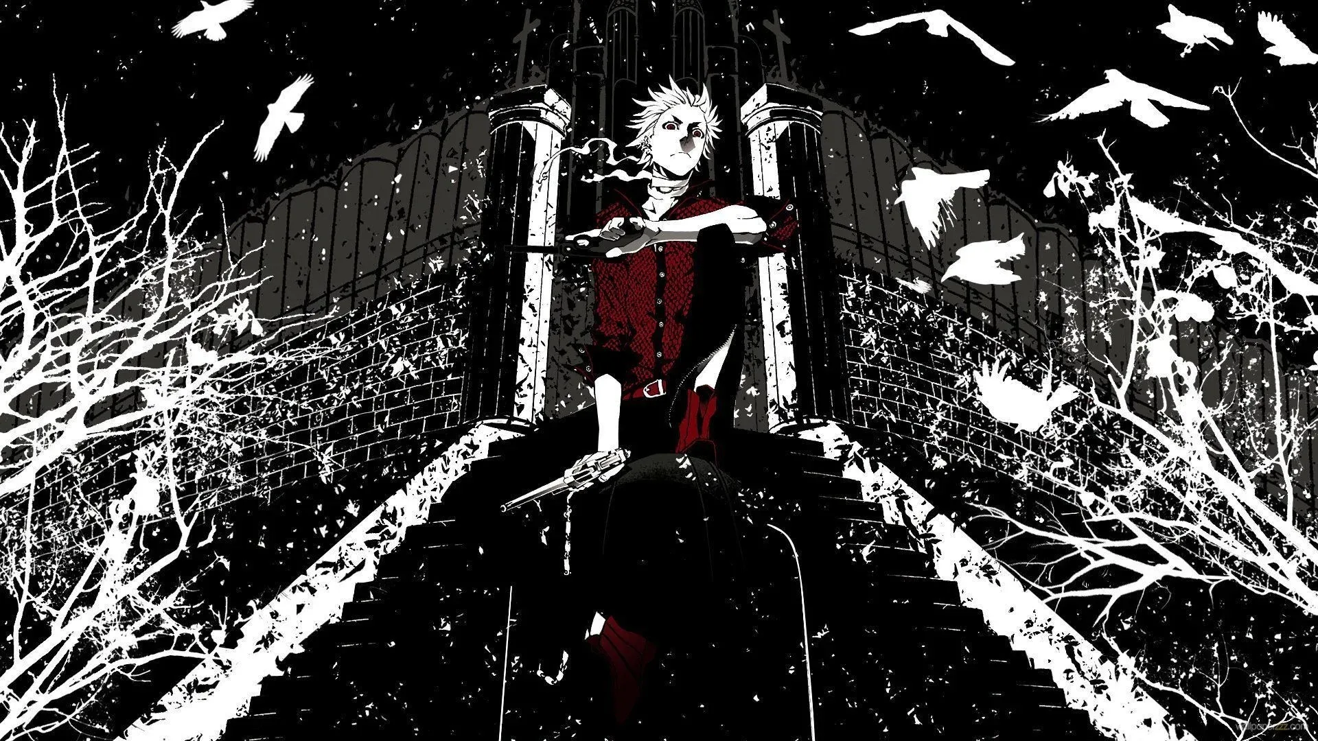 High-contrast ink work puts a figure in a red vest on a stone gate, white birds and bare branches scratched out against heavy black.