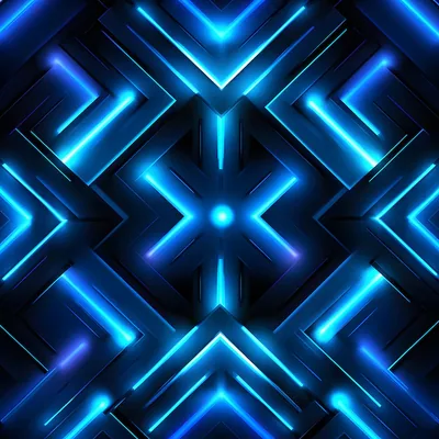 Interlocking arrows and X shapes repeat in a mirrored geometric pattern, lit from within in shades of blue, with a bright core at dead centre.