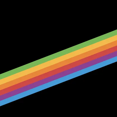 A wide band of green, yellow, orange, red, purple and blue cuts corner to corner across a square black field.