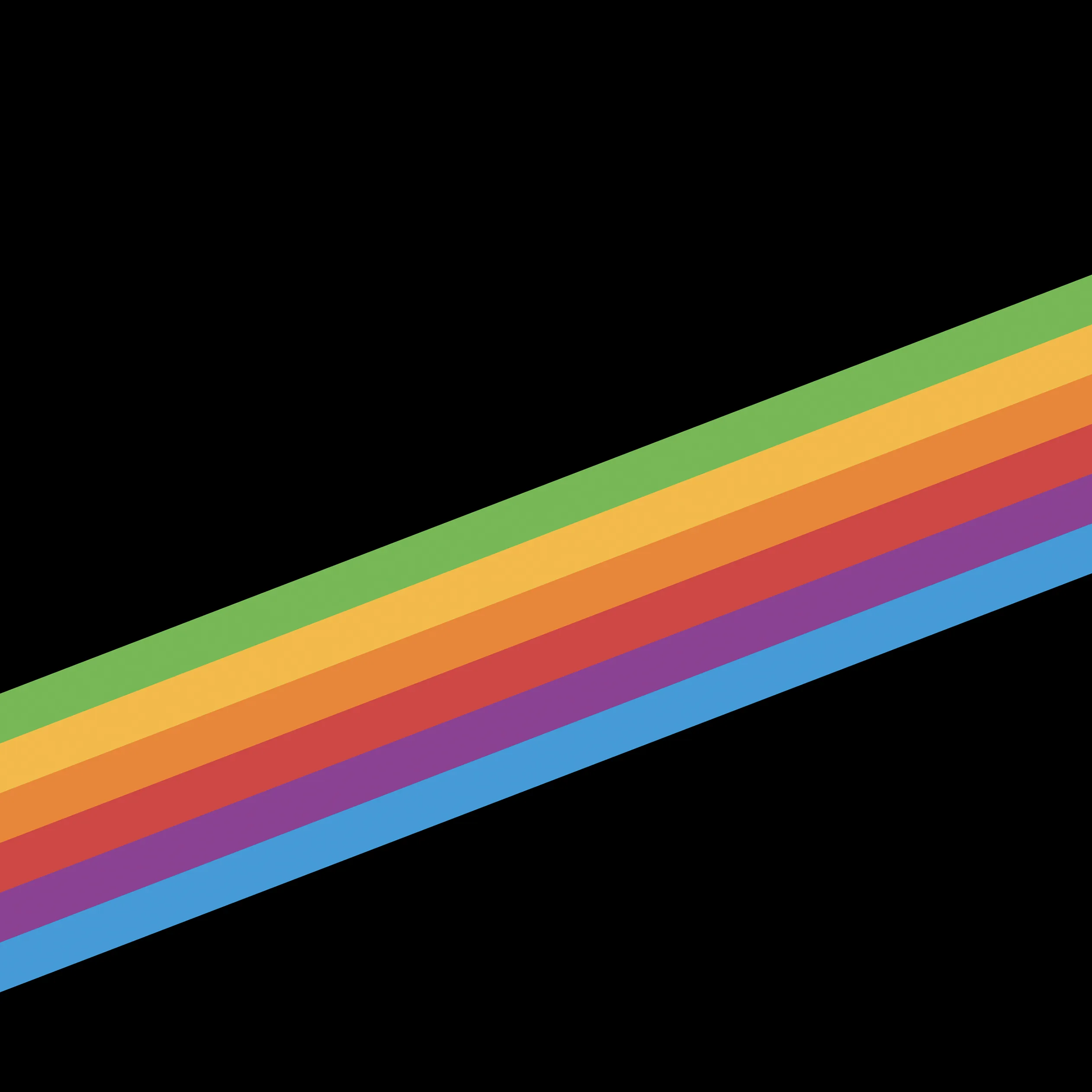 A wide band of green, yellow, orange, red, purple and blue cuts corner to corner across a square black field.
