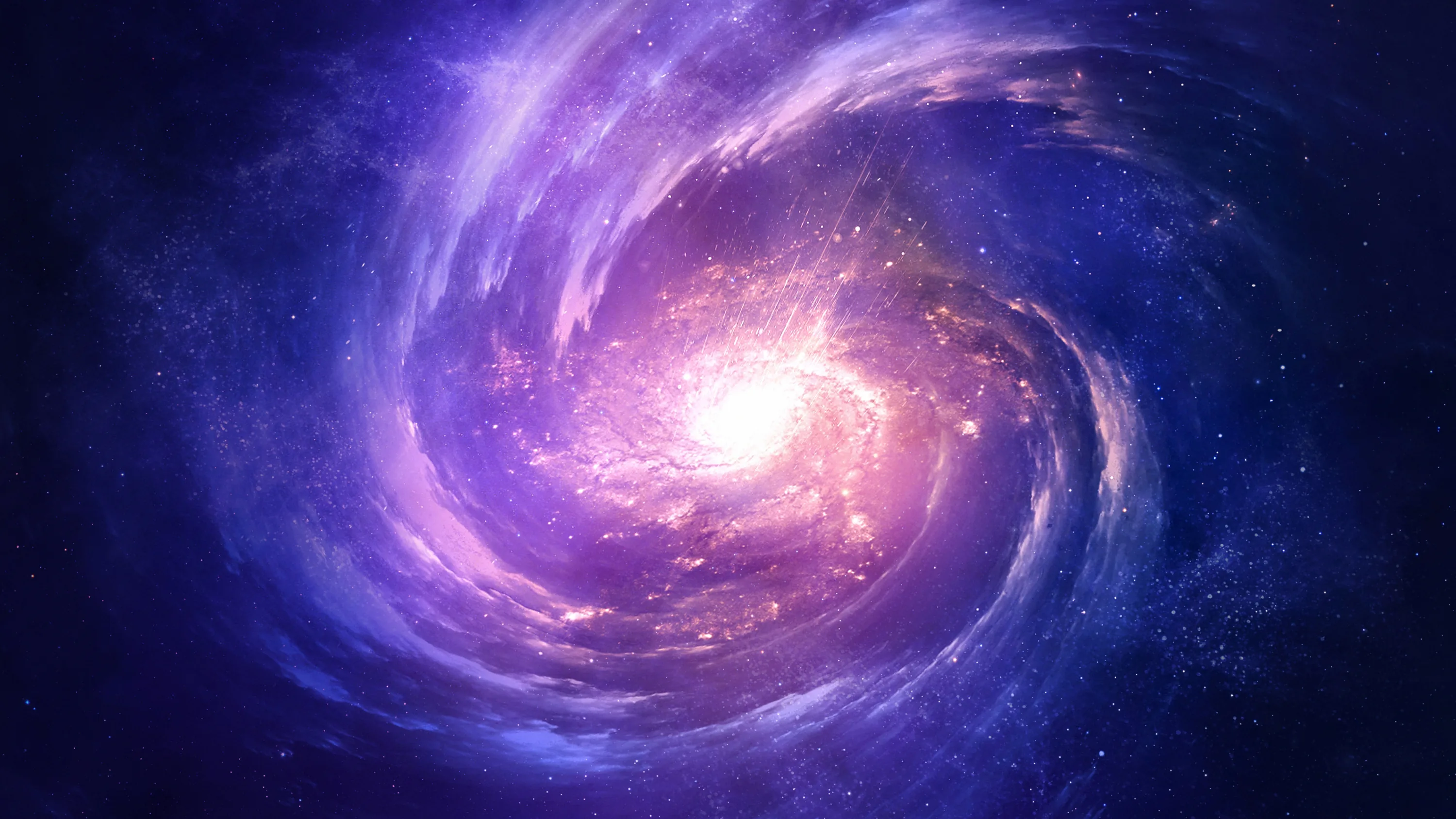 Spiral arms wind in blue and violet toward a blazing white heart at dead centre, so a centred clock would sit on the glow — keep widgets to the edges.