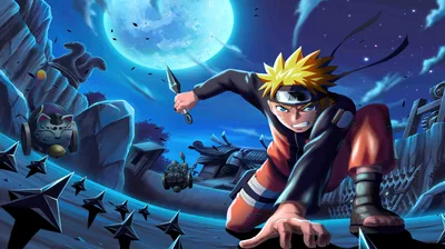 Naruto skids low with a kunai as shuriken streak past in the foreground, a huge blue full moon lighting the canyon behind him.