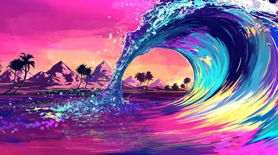 A neon illustration of a cresting wave in cyan and yellow against a hot-pink sky, palm trees and mountains lining the horizon.