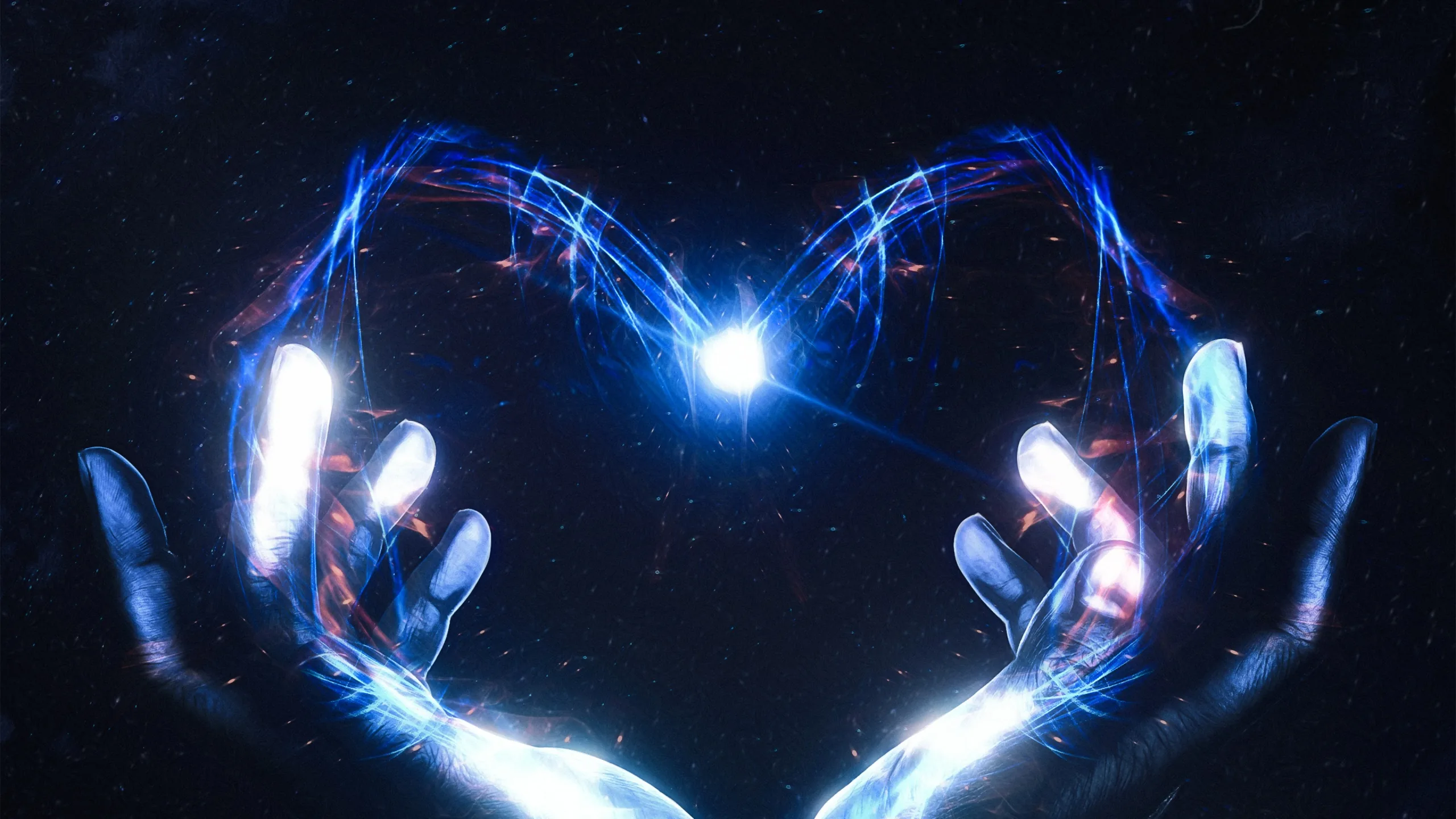 Two cupped hands trace a heart from streams of blue energy, a single white spark burning where the arcs meet over a dark starfield.