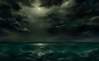 Heavy cloud breaks just enough for the moon to lay a narrow column of light across a deep green ocean.