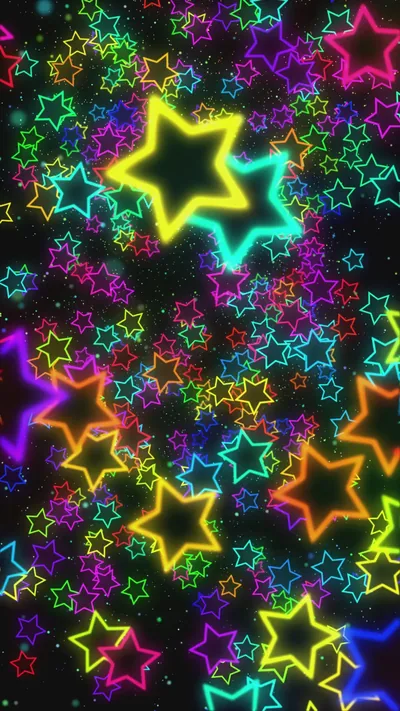 Star outlines in yellow, cyan, pink and green scatter across black at every size, an even spread with no focal point so widgets can sit anywhere.