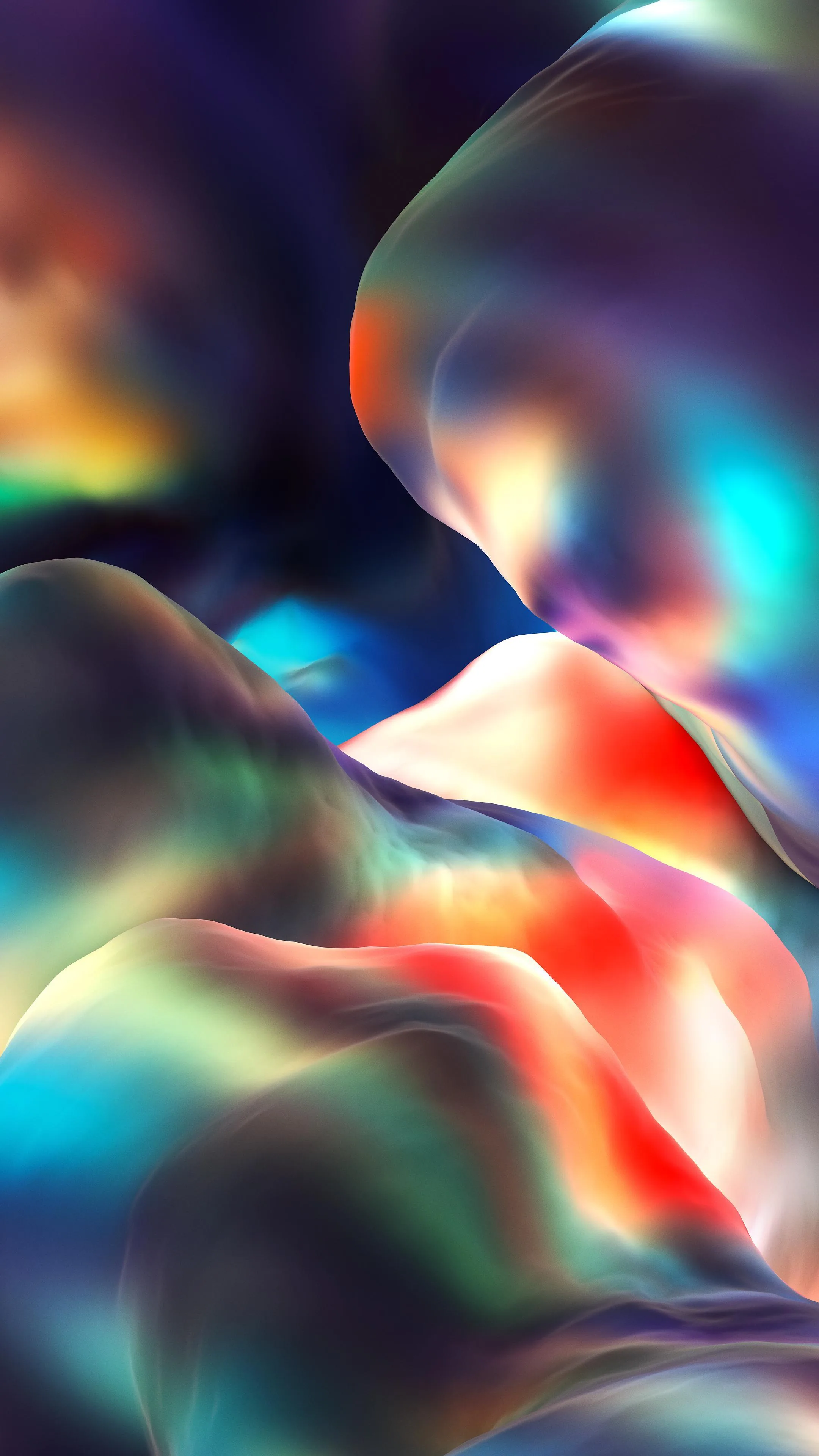Chrome-smooth blobs melt down the frame, reflecting teal, orange, and violet like oil on metal, the darker glass up top keeping a lock-screen clock readable.