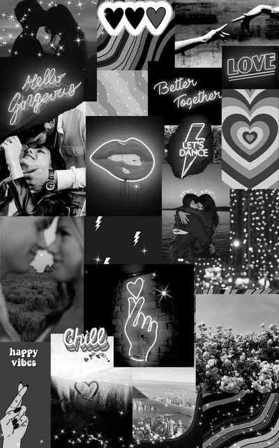 Dozens of monochrome cut-outs — neon lips, hearts, kissing couples and small captions — packed edge to edge for a phone screen.