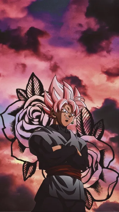 Arms crossed, the pink-haired figure stands over hand-inked rose outlines, purple sunset clouds filling the sky in a tall crop with the lower third quiet for icons.