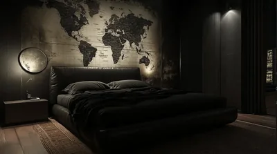 A vintage world map spans the wall above a low black bed, most of the room falling off into shadow at both sides.