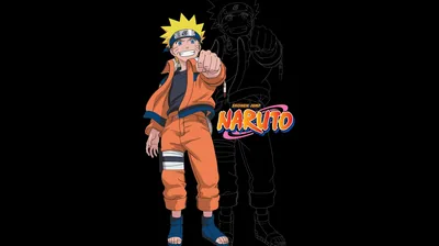 Naruto in his orange tracksuit points straight at the viewer, a faint dark clone standing behind him and the logo set in the middle of the black field.