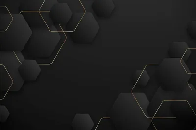 Solid dark hexagons cluster along the left and lower edges, thin gold lines linking them and leaving the right side clear for icons.