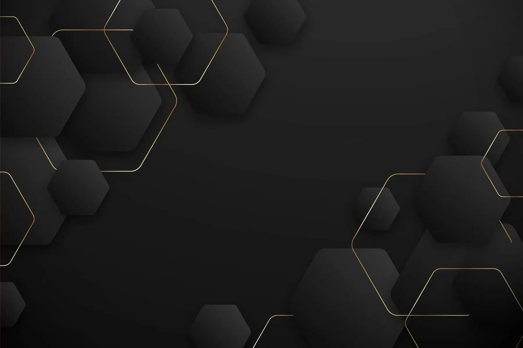 Solid dark hexagons cluster along the left and lower edges, thin gold lines linking them and leaving the right side clear for icons.