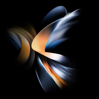 Navy and amber ribbons fold into a V at the centre with a fine particle spray at their tips, everything else pure black to save OLED battery.