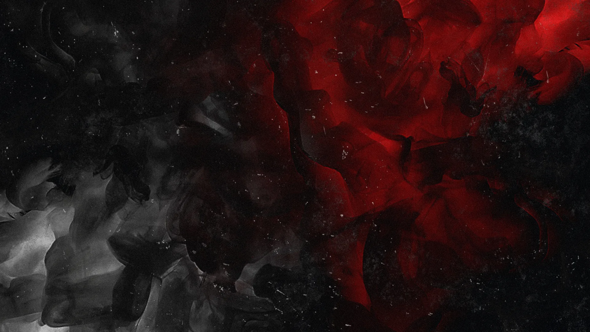 Smoky ink bleeds across the frame, deep red filling the upper right while pale grey drifts along the bottom left, flecks of dust scattered between.