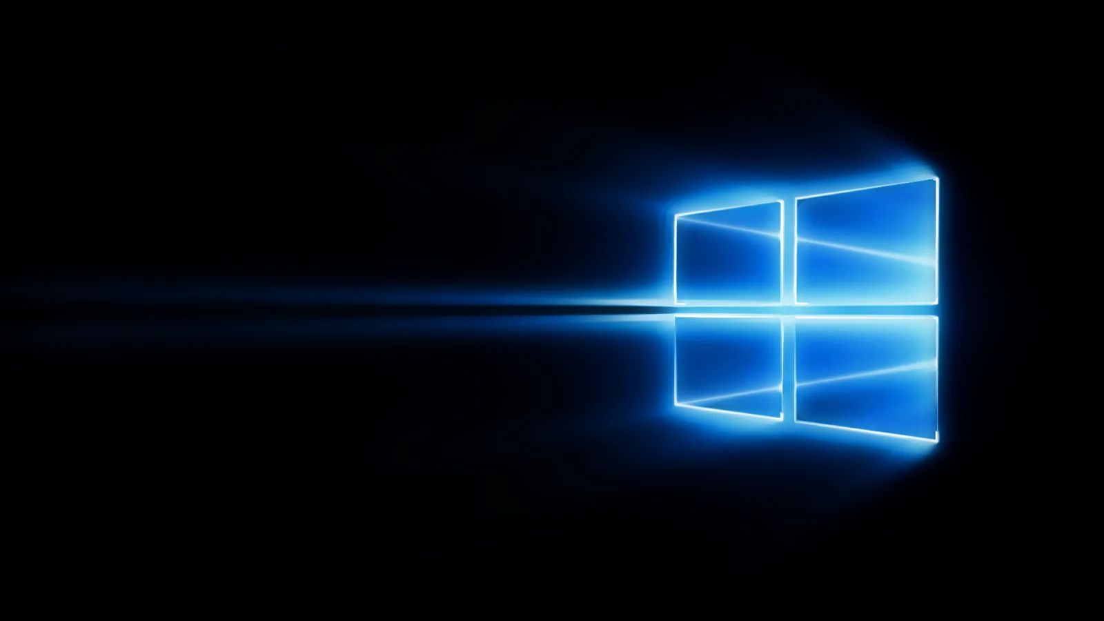 The logo glows a cold blue on pure black, one thin horizontal streak of light running out from it to the left edge.