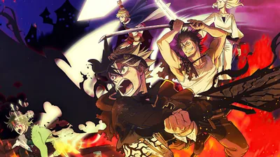 Asta swings his slab of a sword while the squad breaks forward, a full moon and bats over the purple night at the top left.