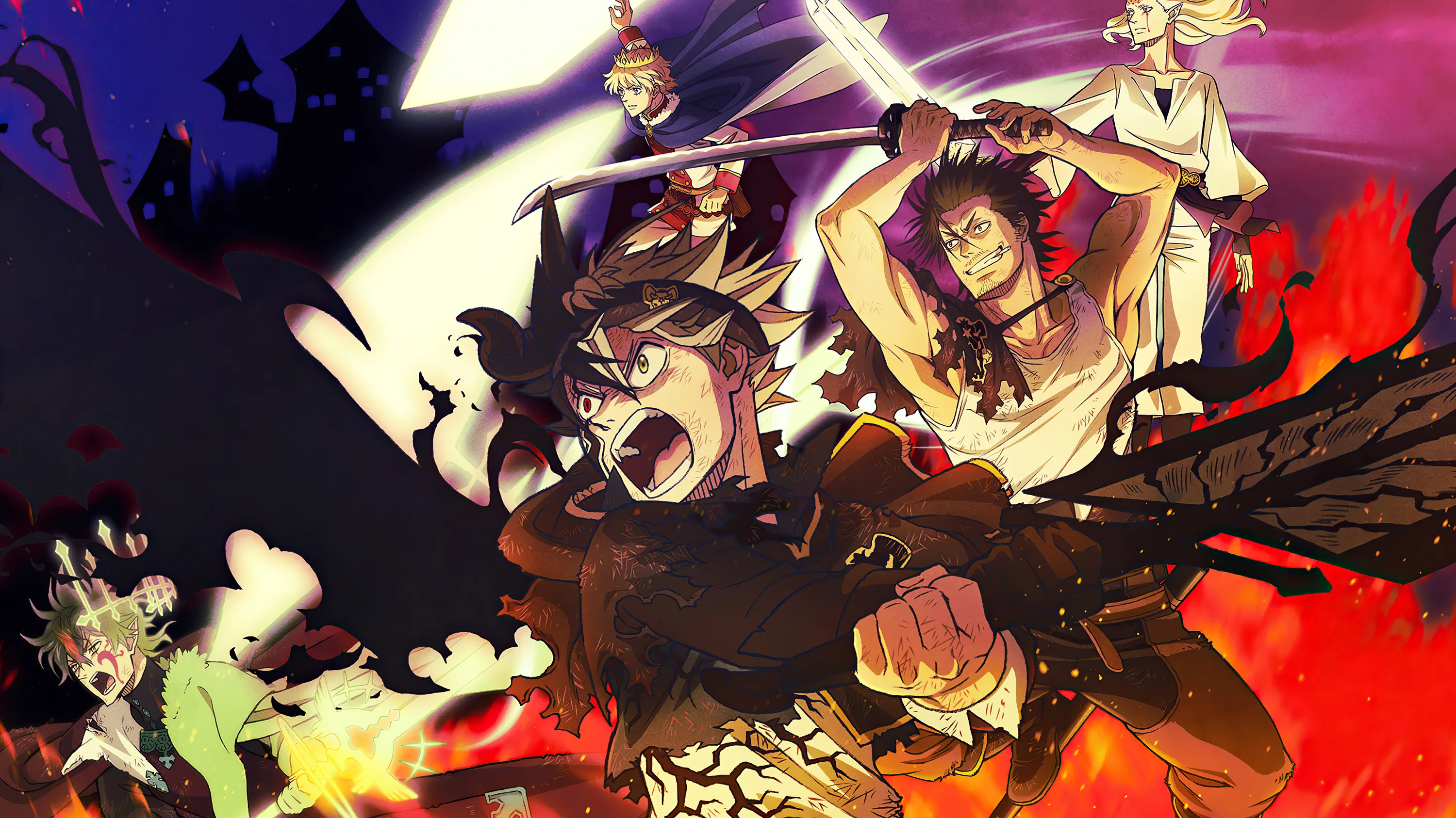Asta swings his slab of a sword while the squad breaks forward, a full moon and bats over the purple night at the top left.