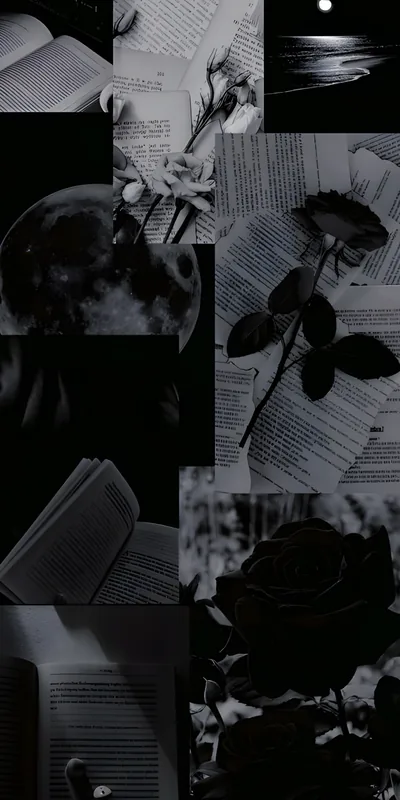Open book pages, a single rose, a hand and a night sky tiled together in grey and black — a moody collage sized for a phone screen.