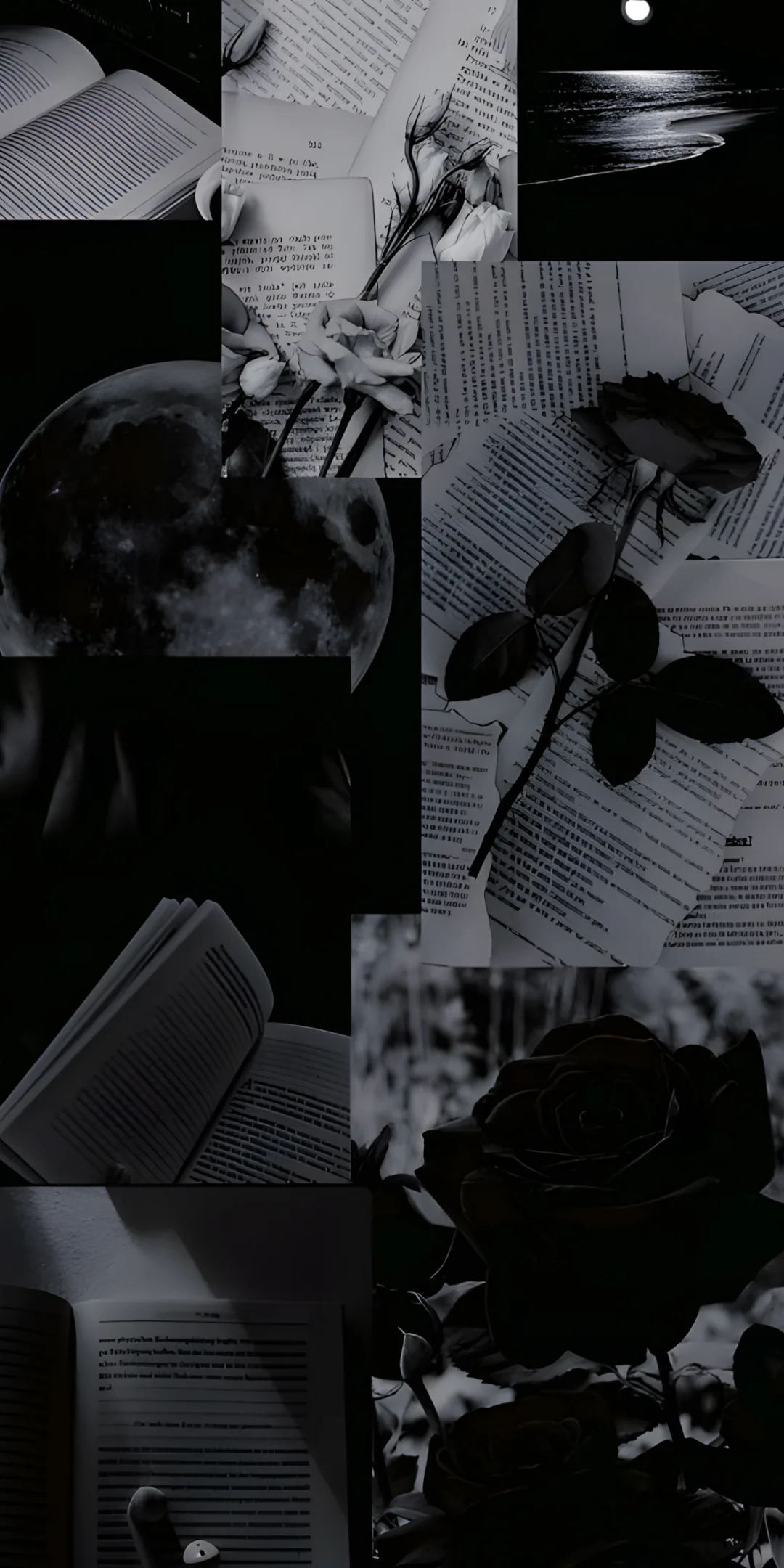 Open book pages, a single rose, a hand and a night sky tiled together in grey and black — a moody collage sized for a phone screen.