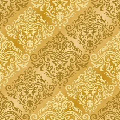 A seamless damask of scrolled ornaments set in diagonal diamond rows, alternating pale and deep gold across the square tile.