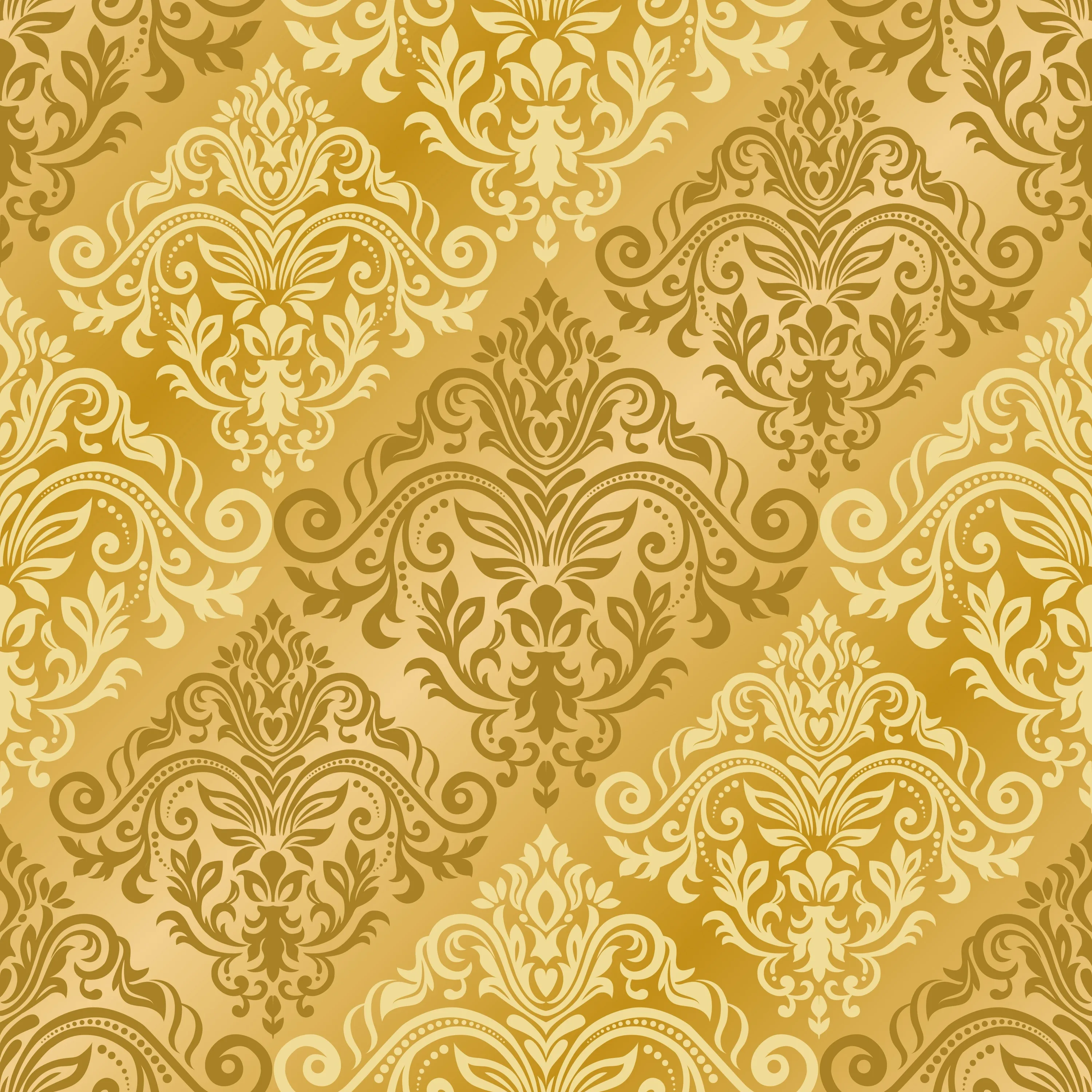 A seamless damask of scrolled ornaments set in diagonal diamond rows, alternating pale and deep gold across the square tile.