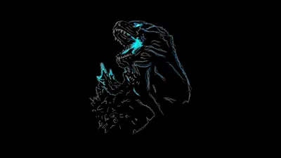 Godzilla is drawn in fine outline only, its dorsal spines and open jaw lit in cyan against an otherwise black frame.