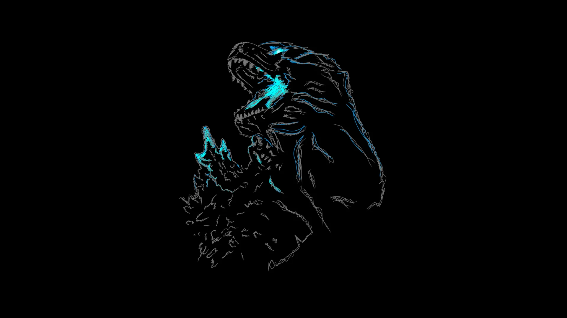 Godzilla is drawn in fine outline only, its dorsal spines and open jaw lit in cyan against an otherwise black frame.