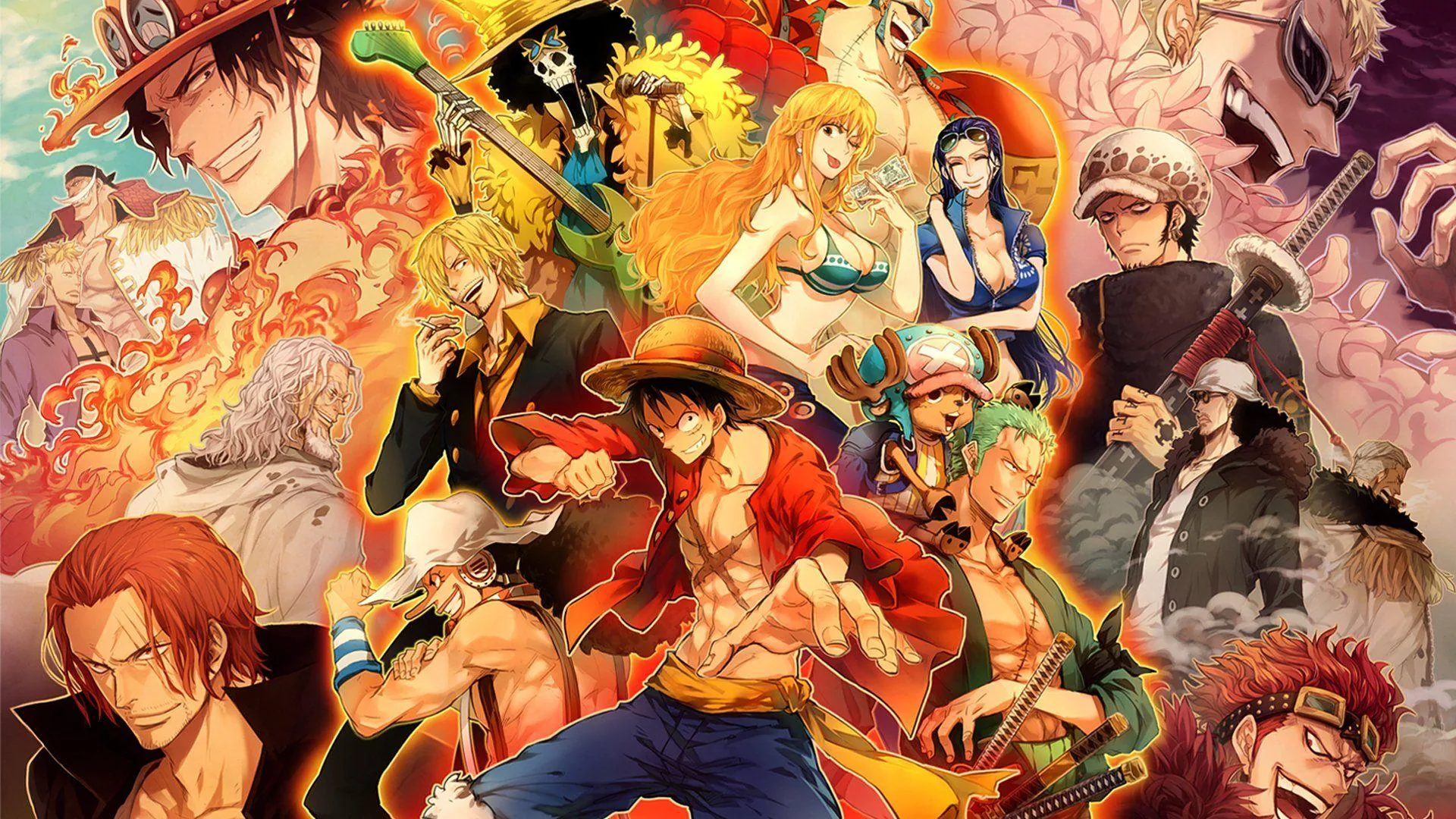 Dozens of faces layered into one poster — red coat at the centre, swordsman and cook flanking him, everything tinted amber.