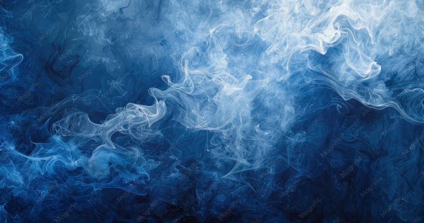 Wisps of white smoke twist over a mottled indigo watercolor ground, the finest tendrils gathered left of centre while both lower corners stay dark.