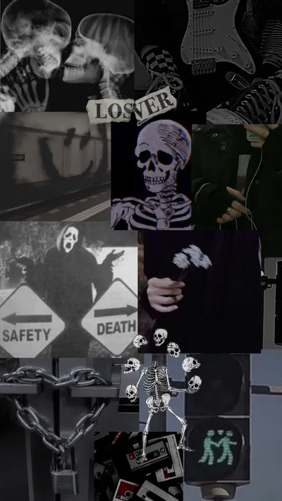 Skeletons, chains and a safety-or-death road sign tile together with the word loser in faded newsprint grey and slate blue.
