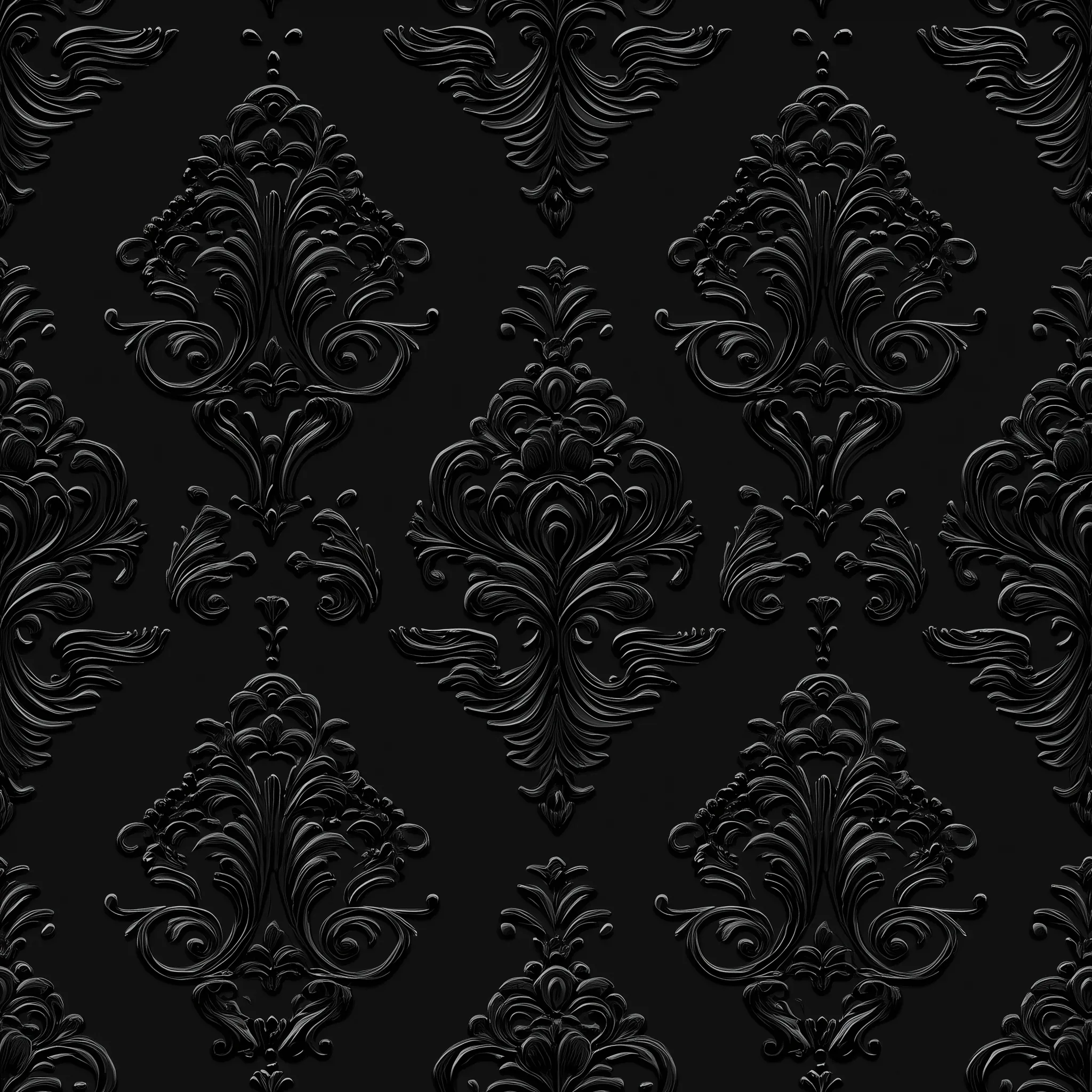 Rows of ornate damask motifs sit raised off a black ground, the glossy scrollwork picking up light while the flat background stays dark.