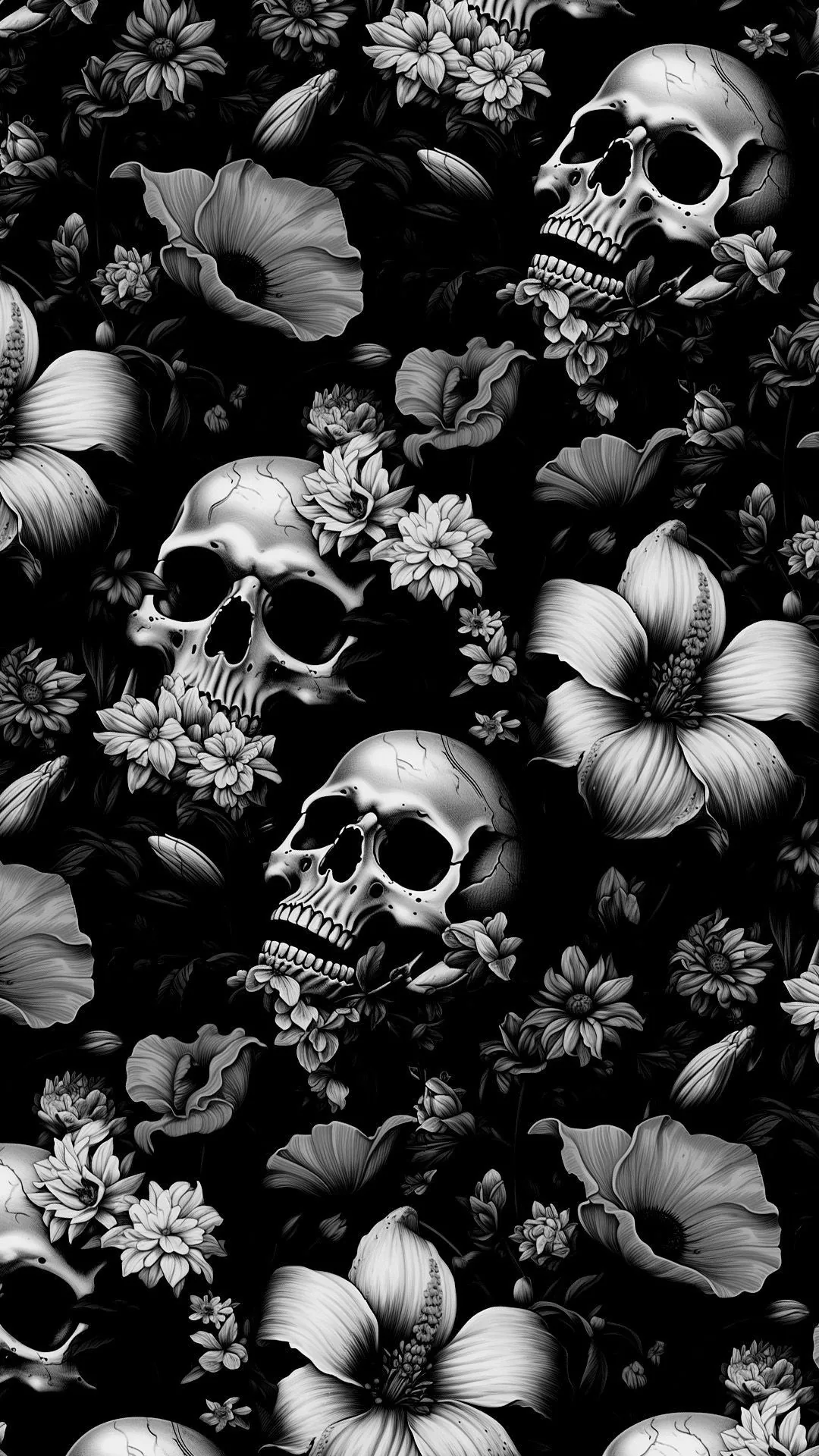 Engraved skulls sit among poppies, daisies and leaves in a dense black and white repeat that runs edge to edge on a tall phone screen.