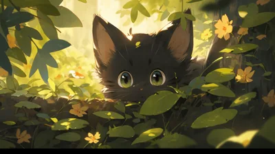 An anime-style black kitten crouches in a bed of leaves and small yellow flowers, wide eyes lit by sun coming from the left.