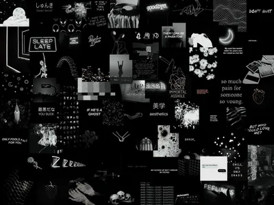 Dozens of monochrome cut-outs and handwritten phrases pinned together in a dense moodboard layout.