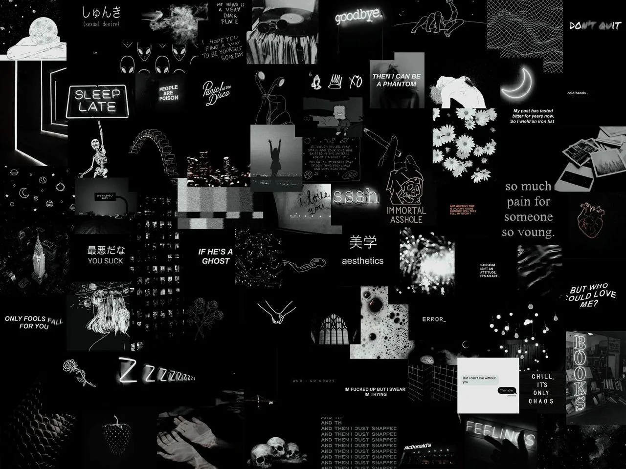 Dozens of monochrome cut-outs and handwritten phrases pinned together in a dense moodboard layout.