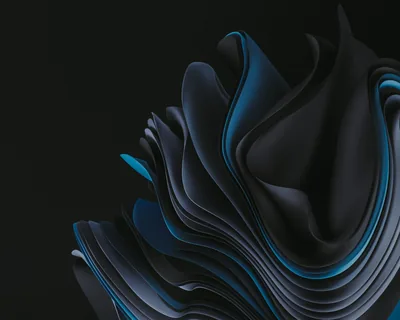Windows 11 style ribbons fold like dark petals in the lower left, edged in teal blue, leaving the right side and top corner nearly black.