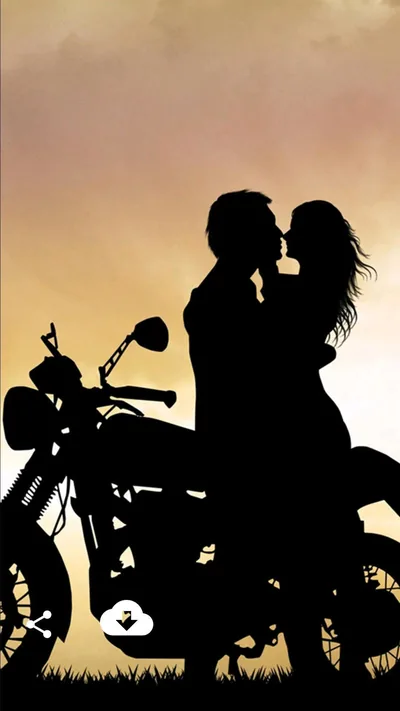 A silhouetted pair lean together over a cruiser bike, backlit by a hazy amber and grey sky above tall grass.